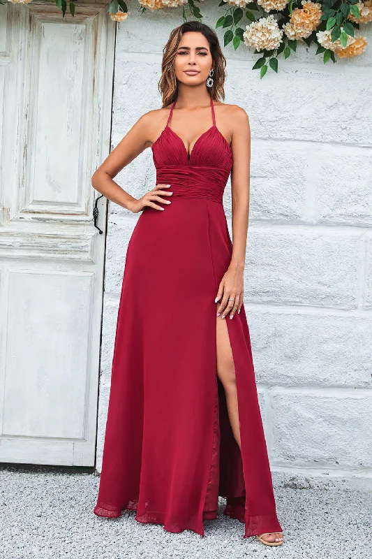 Work Dresses for Professional -A Line Halter Burgundy Long Bridesmaid Dress with Split Front