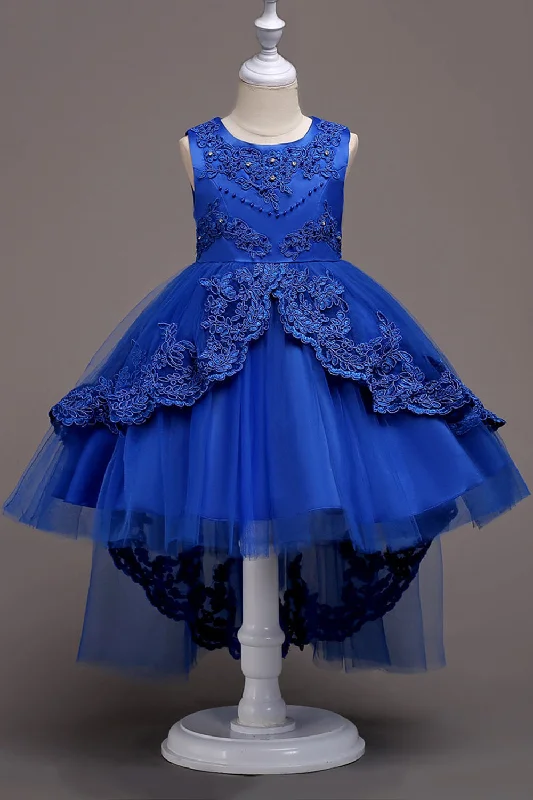 Abstract Dresses for Creative -Dark Blue High Low Appliques Girls Dresses