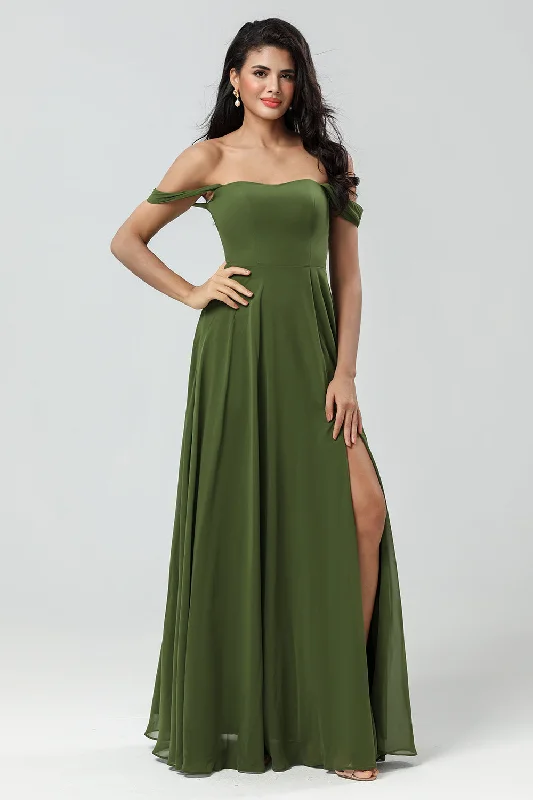 Patchwork Dresses for Bohemian -Off The Shoulder A Line Olive Bridesmaid Dress with Slit