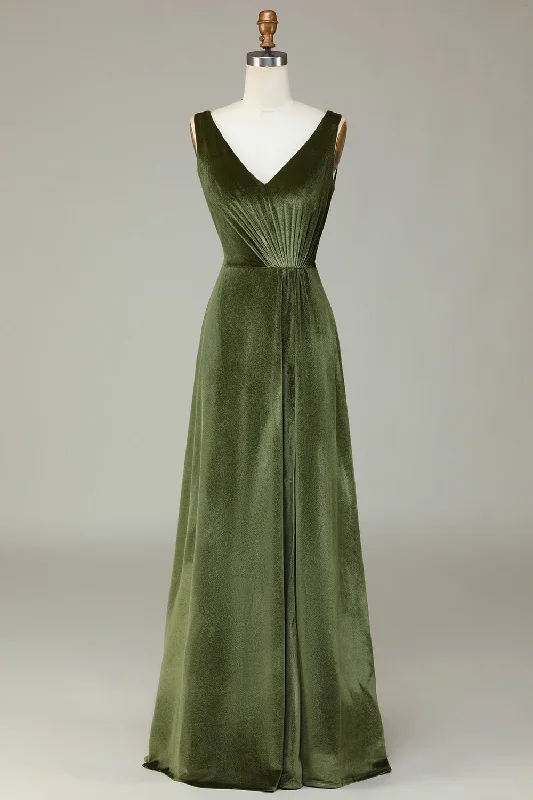 Floral Dresses for Romantic -V-Neck Sleeveless Olive Velvet Bridesmaid Dress