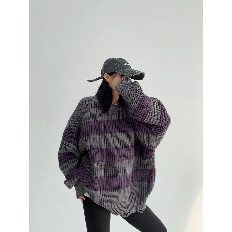 Mock Neck Sweatshirt with Thumb Holes Cold Weather Protection -Striped Oversized Knit Sweatshirt