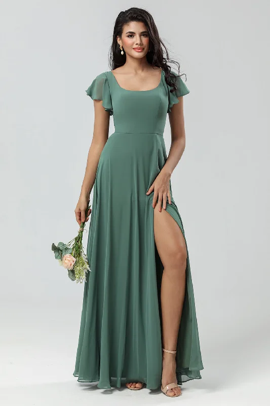 Modern Dresses for Trendy -A-Line Green Long Bridesmaid Dress with Ruffles