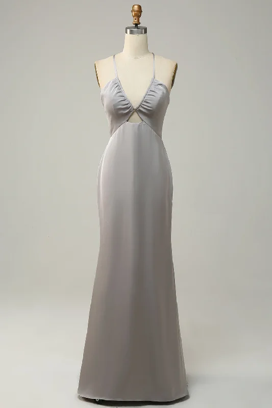 Resort Dresses for Vacation -Grey Mermaid Open Back Long Bridesmaid Dress