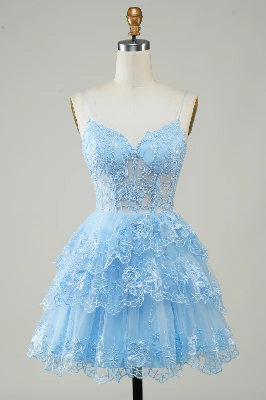 Nylon Dresses for Stretchable -Gorgeous A Line Spaghetti Straps Blue Sparkly Corset Homecoming Dress