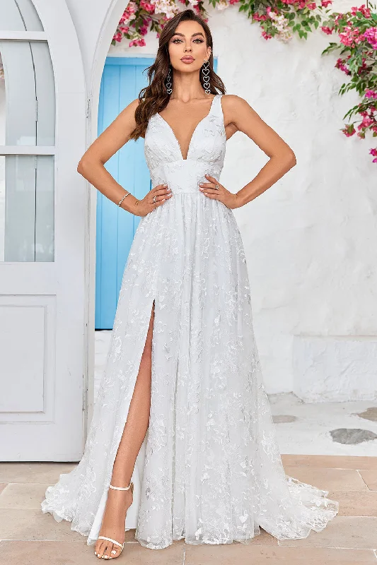 Maximalist Dresses for Bling -Beauty A Line V-Neck Ivory Lace Long Wedding Dress with Slit