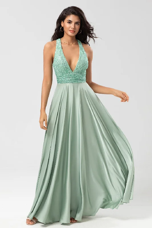 Ruffled Dresses for Girly -Never-Ending A Line V-Neck Matcha Long Bridesmaid Dress with Beading