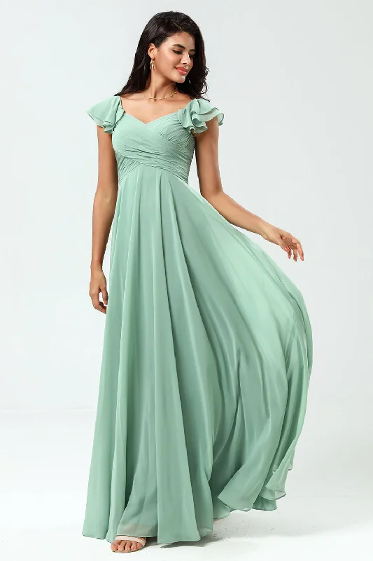 Fringed Dresses for Edgy -Lace-Up Back A Line Chiffon Green Bridesmaid Dress with Ruffles