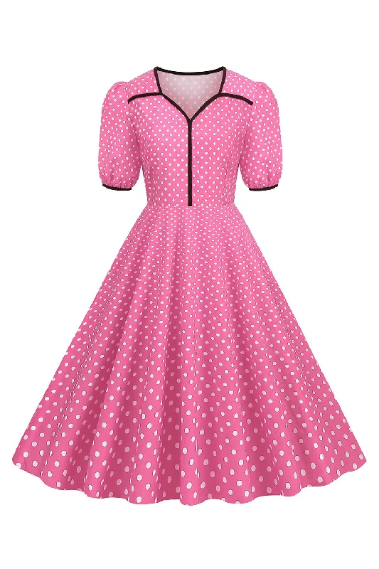 Christmas Dresses for Holiday -Pink Short Sleeves Polka Dots 1950s Dress