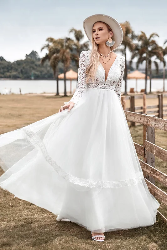 Polyester Dresses for Durable -Lace Long Sleeves Deep V-neck Boho Wedding Dress with Backless