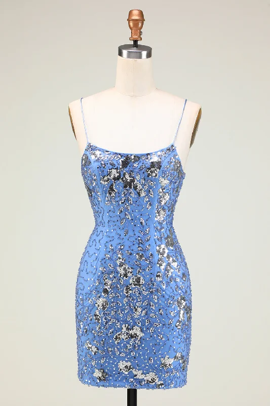 Punk Dresses with Spikes -Sparkly Sheath Spaghetti Straps Grey Blue Sequins Short Homecoming Dress with Criss Cross Back