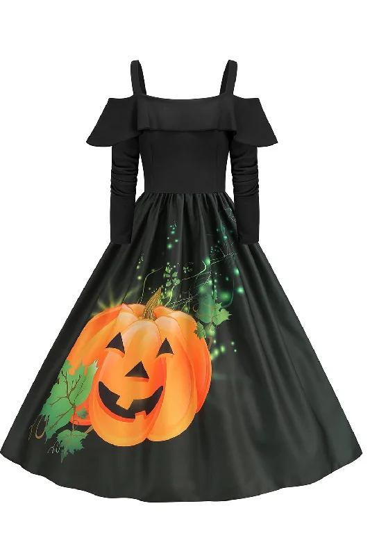 African Dresses with Culture -Halloween Pumpkin Printed Black Cold Shoulder VIntage Dress