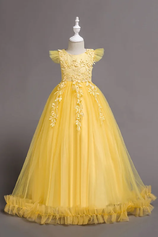 Fashionable Dresses for Style -Tulle Boat Neck Yellow Girls Dresses with Appliques