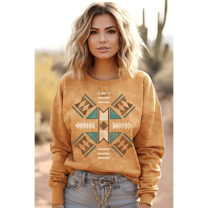 Fluffy Fleece Hoodie for Snug Indoor Loungewear -Women's Aztec Graphic Sweatshirt in Mustard