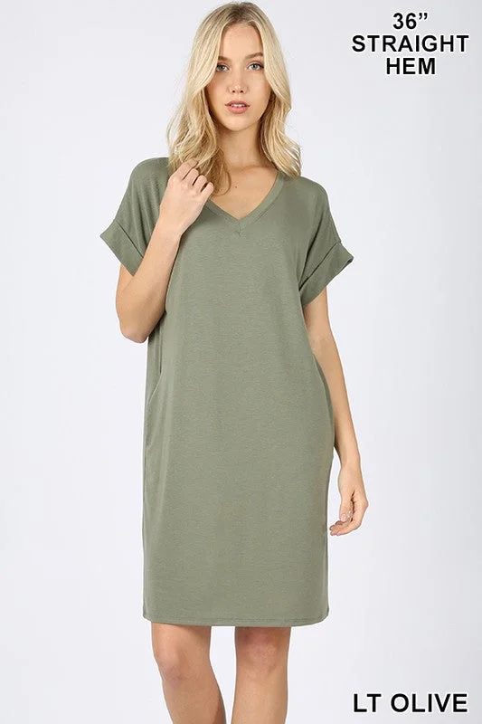 Belted Dresses for Shaping -Rolled Sleeve V-Neck Dress (Light Olive)