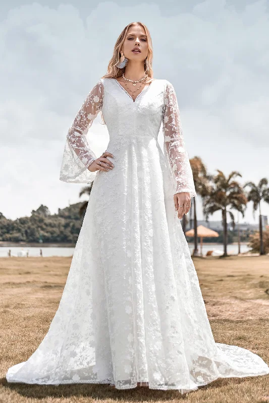 Embroidered Dresses for Detailed -Beauty A Line V Neck Ivory Lace Flare Sleeves Wedding Dress