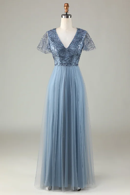 Mother's Day Dresses for Gift -A-Line Dusty Blue Bridesmaid Dress with Beading