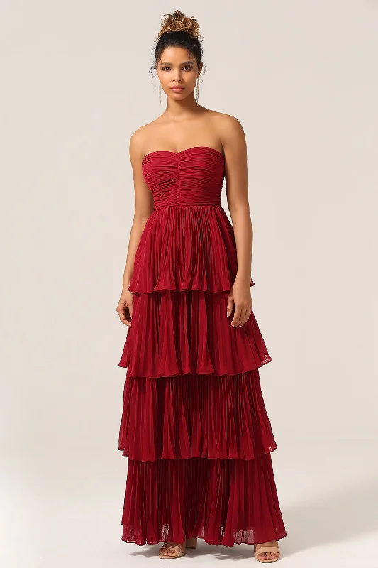 Modern Dresses for Trendy -Charming A Line Strapless Burgudy Long Bridesmaid Dress with Ruffles