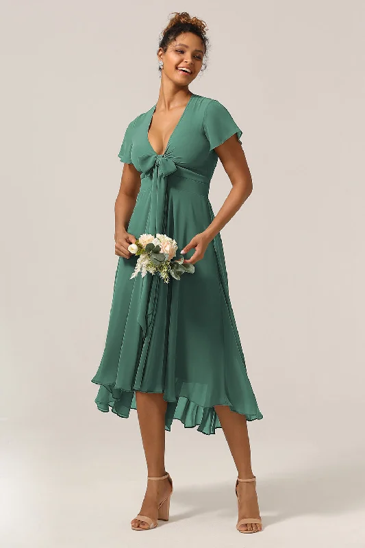 Fringed Dresses for Edgy -Chraming A Line V-Neck Short Sleeves Eucalyptus Bridesmaid Dress With Bow