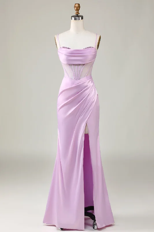 A-line Dresses for Flattering -Mermaid Spaghetti Straps Lilac Long Bridesmaid Dress with Slit