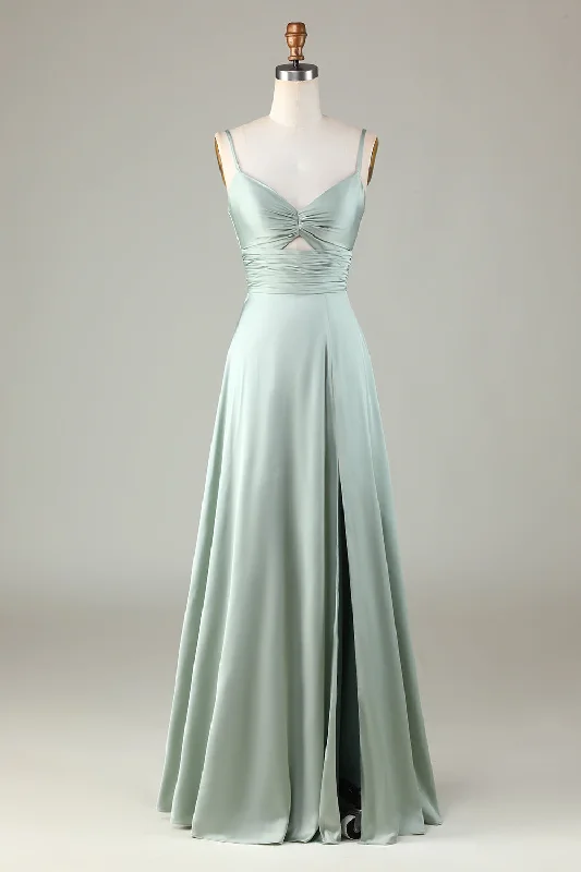 Off-shoulder Dresses for Feminine -Keyhole Spaghetti Straps Matcha Bridesmaid Dress with Slit