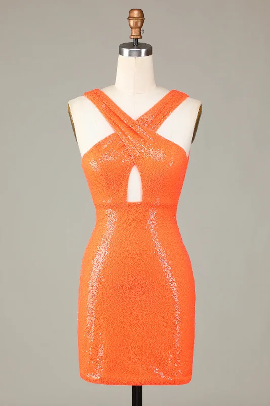 Silk Dresses for Luxurious -Glitter Orange Halter Backless Sequins Tight Homecoming Dress