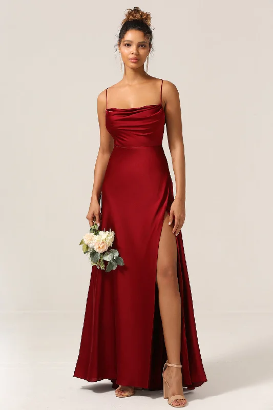 Tiered Dresses for Voluminous -Simple A Line Lace-Up Back Burgundy Long Bridesmaid Dress with Criss Cross Back