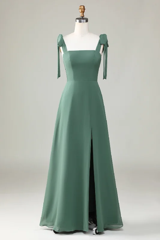 Black Dresses for Versatile -Eucalyptus Tie Straps A Line Bridesmaid Dress With Slit