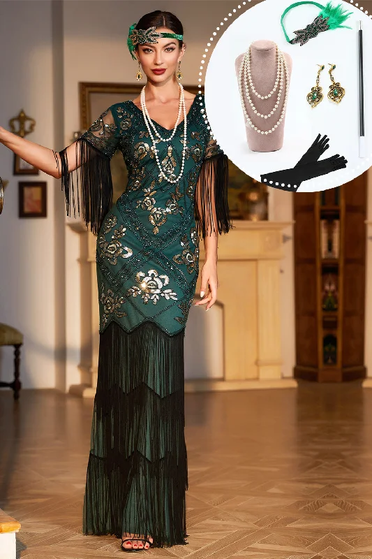 Christmas Dresses for Holiday -Dark Green Sequined Fringed Long 1920s Gatsby Dress with Accessories Set