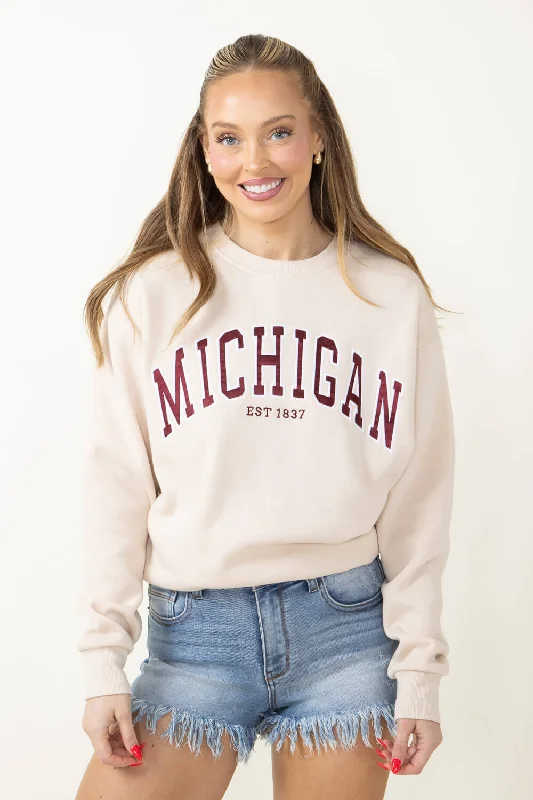 Fleece Hoodie with Hoodie for Ski Lodge Après Ski -1897 Active Michigan Embroidered Sweatshirt for Women in Cream | GT-079-CREAM