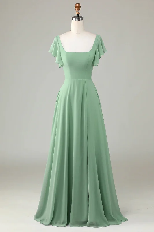 Cotton Dresses for Comfort -Square Neck Matcha Bridesmaid Dress with Ruffles