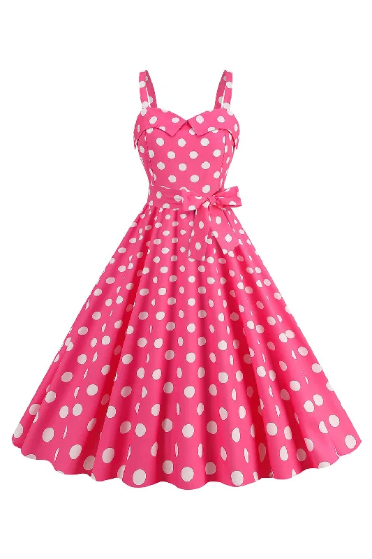 Office Dresses for Business -Pink Spaghetti Straps Polka Dots 1950s Dress With Bowknot