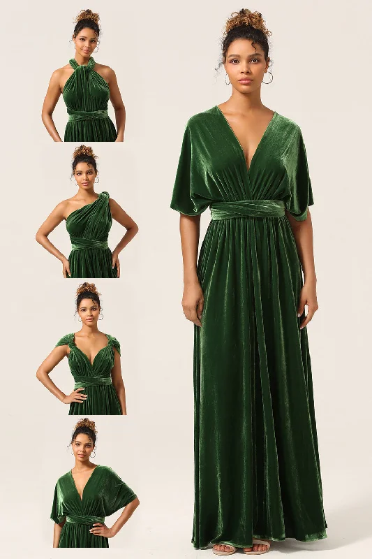 Vintage Dresses for Nostalgia -Elegant A Line V Neck Dark Green Covertible Wear Velvet Long Bridesmaid Dress