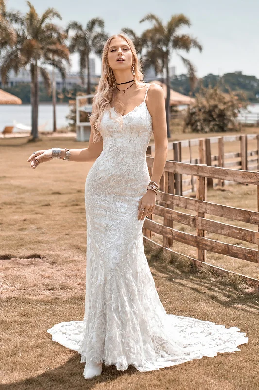 Retro Dresses for Throwback -Charming Mermaid Spaghetti Straps Lace Ivory Wedding Dress with Sweep Train