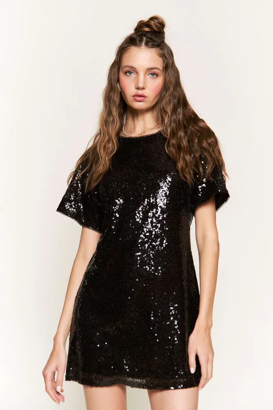 A-line Dresses for Flattering -Sequin Mini Dress (Black)