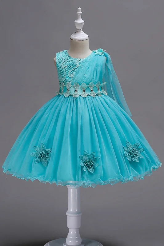 Short-sleeved Dresses for Summer -Blue A Line Bowknot Girls Party Dresses With 3D Flowers