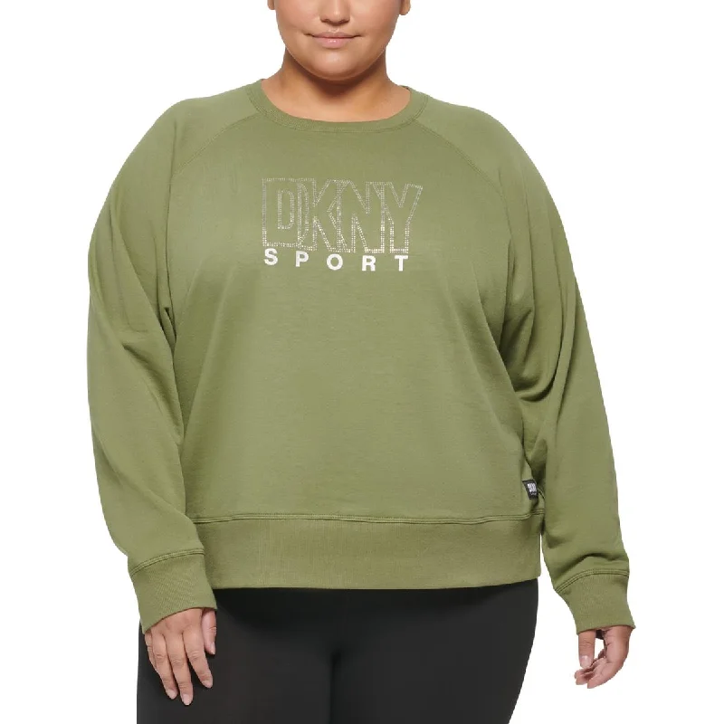 Cable Knit Hoodie with Hooded Collar Cozy Ski Resort Outfits -DKNY Sport Womens Plus Rhinestone Logo Crewneck Sweatshirt