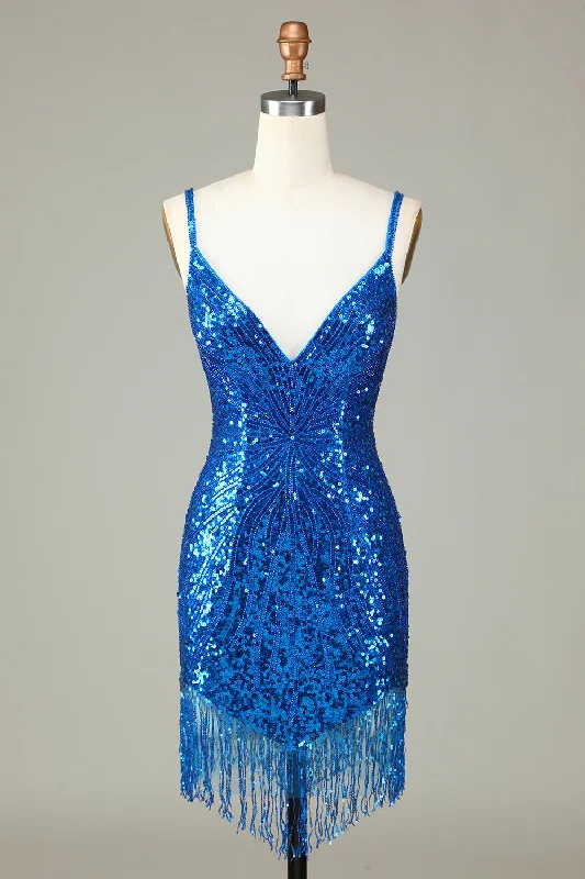 Party Dresses for Celebration -Sparkly Bodycon Spaghetti Straps Blue Sequins Short Homecoming Dress with Tassel