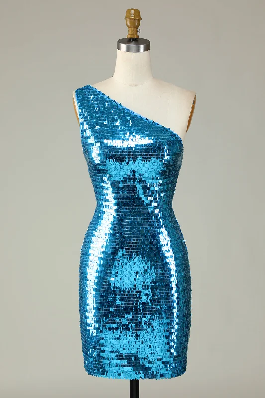 Long-sleeved Dresses for Coverage -Glitter Royal Blue One Shoulder Sequins Tight Hoco Dress