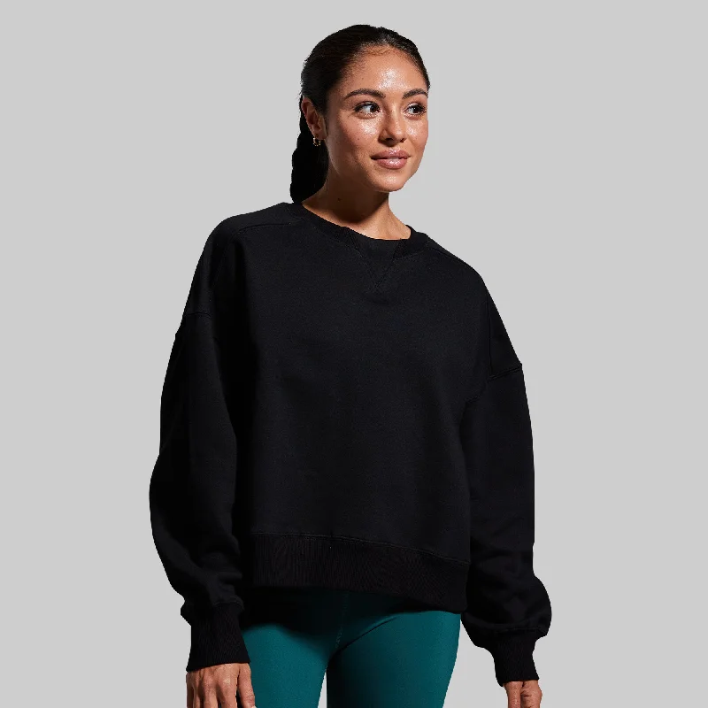 Waffle Knit Sweatshirt for Textured Fall Outfit Layering -Pump Sweatshirt (Black)