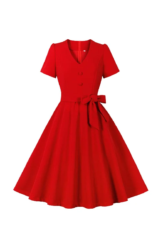 Vintage Dresses for Nostalgia -Red V Neck Bowknot Short Sleeves Retro Swing Dress