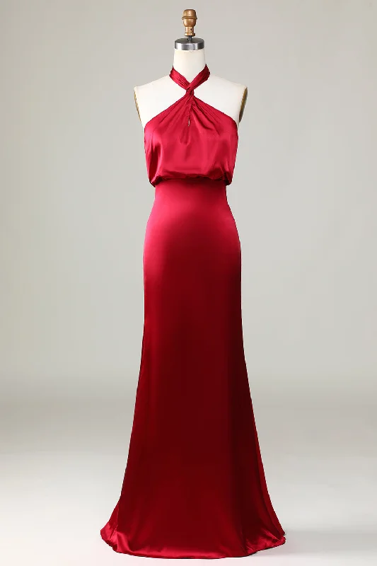 Sleeveless Dresses for Coolness -Mermaid Halter Sleeveless Burgundy Bridesmaid Dress