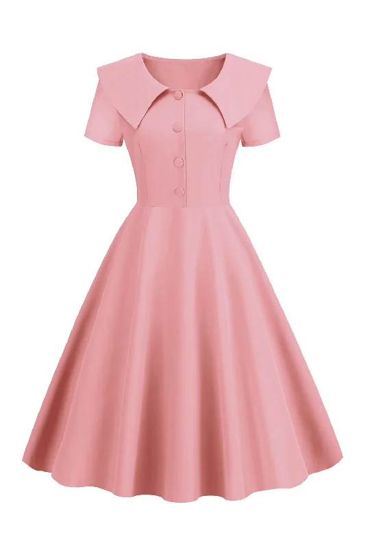 Casual Dresses for Everyday -Blush Short Sleeves Peter Pan Vintage Dress With Buttons