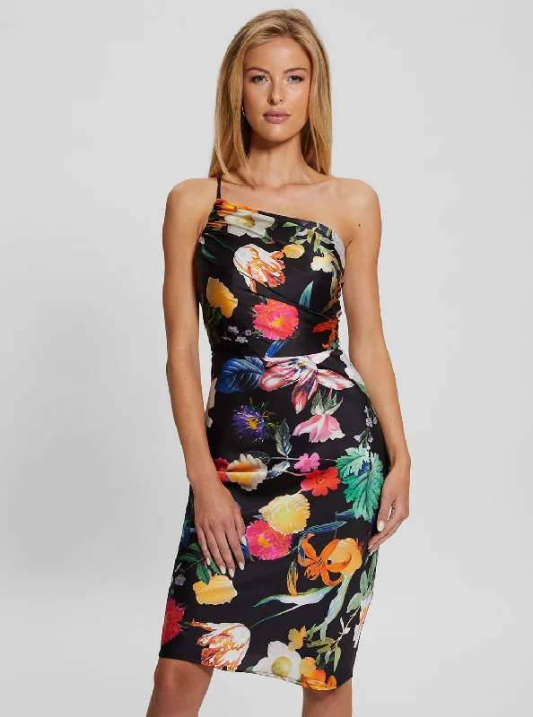 Minimalist Dresses for Simplicity -Black Floral Cindy One Shoulder Midi Dress