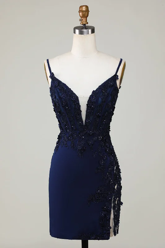 Formal Dresses for Occasions -Sparkly Navy Corset Tight Short Homecoming Dress with Lace