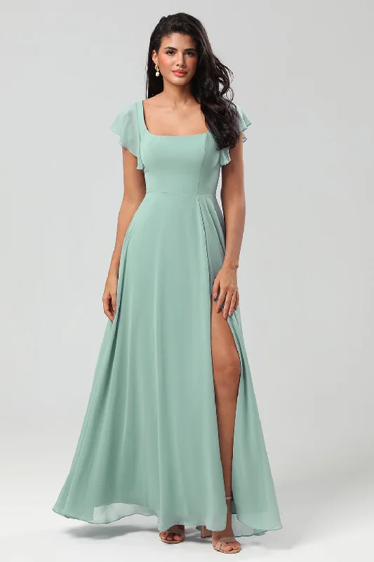 Maximalist Dresses for Bling -Green Square Neck Chiffon Bridesmaid Dress with Ruffles