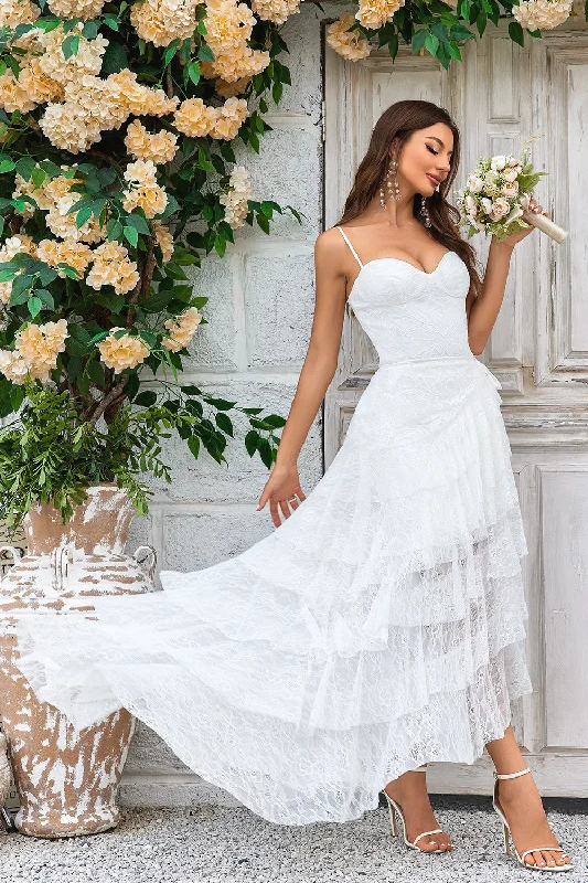 Valentine's Day Dresses for Romance -Ivory Lace Asymmetrical Detachable Train Boho Wedding Dress