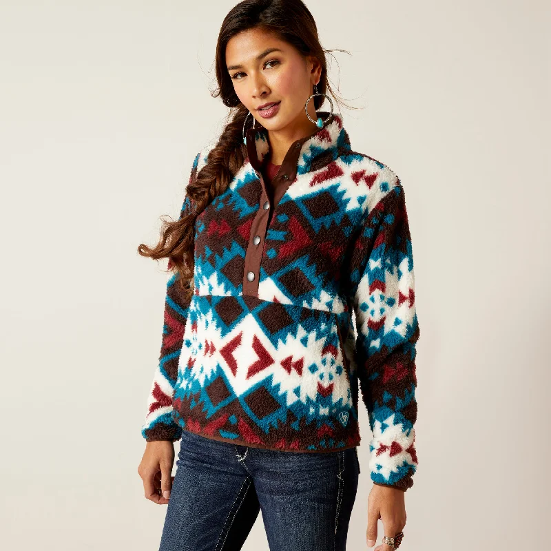 Leather Hoodie with Studded Details Punk Rock Style -Ariat Women's Berber Snap Front Sweatshirt, Plainsview Print