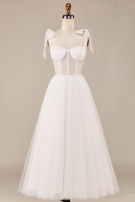 Sequined Dresses for Sparkle -Ivory A-Line Tea-Length Tulle Corset Wedding Dress