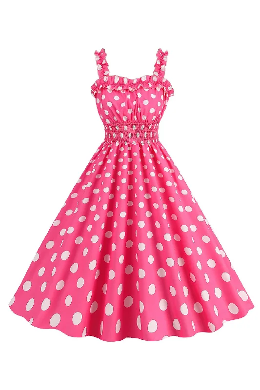 Party Dresses for Celebration -Pink Polka Dots A Line Smocked 1950s Dress