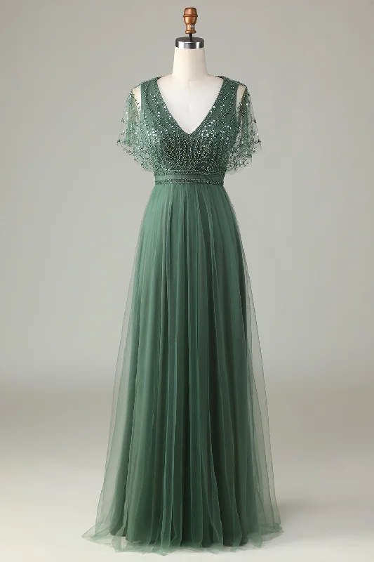 Green Dresses for Nature -Tulle A-Line Beaded Eucalyptus Bridesmaid Dress with Sequins